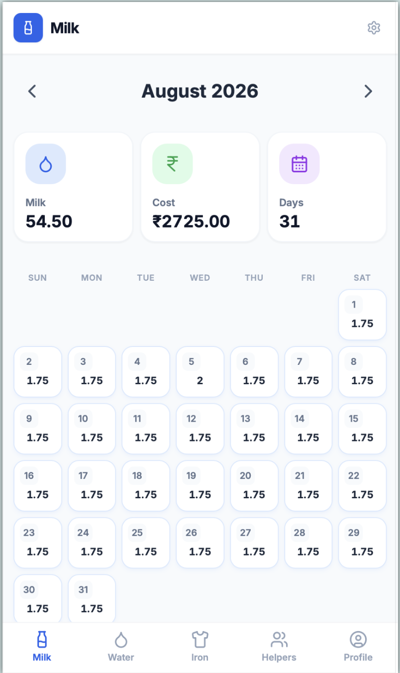 Home Diary milk ledger screenshot