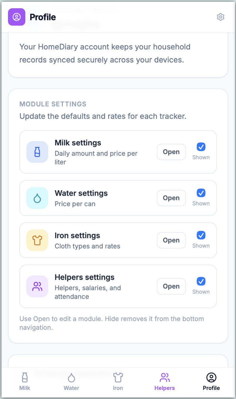 Home Diary settings screenshot